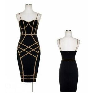 Summer Black Gold Fitted Bodycon Midi Dress Stretch NEW Party Sexy Cocktail M